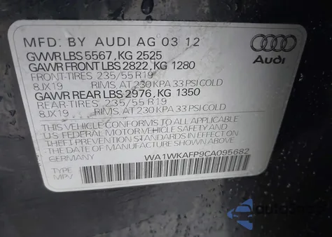 2012 Audi Q5 3.2 Premium из США, поврежденный, VIN WA1WKAFP9CA095682